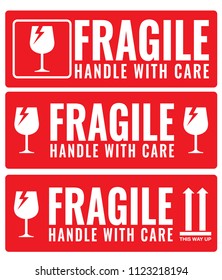 "Fragile Handle with Care sticker and label collection for logistics, shipping, and delivery. Vector EPS 10 format, ideal for packaging, boxes, and safe transport. High-quality, scalable design."
