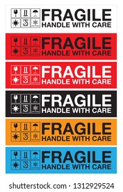 "Fragile Handle with Care sticker and label collection for logistics, shipping, and delivery. Vector EPS 10 format, ideal for packaging, boxes, and safe transport. High-quality, scalable design."