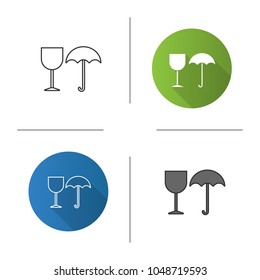 Fragile icon. Flat design, linear and color styles. Keep dry. Handle with care. Isolated vector illustrations