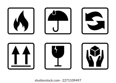 Fragile icon set. Delivery box symbol. Glass and umbrella sign. Fragile box icons. Cardboard symbol in vector. Stock vector illustration