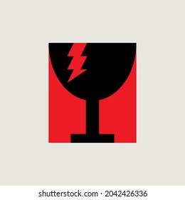 Fragile icon using black glass image. Black red fragile symbol on a light gray background. This fragile icon is also equipped with lightning as a depiction of breaking or cracking. EPS 10 flat vector.