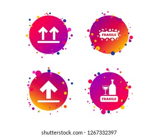 Fragile icons. Delicate package delivery signs. This side up arrows symbol. Gradient circle buttons with icons. Random dots design. Vector