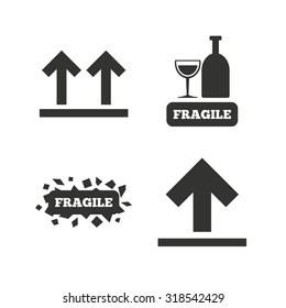 Fragile icons. Delicate package delivery signs. This side up arrows symbol. Flat icons on white. Vector