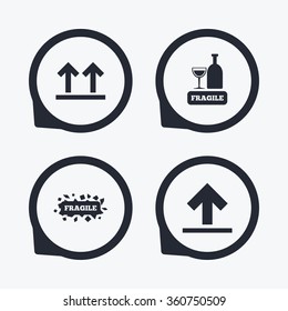Fragile icons. Delicate package delivery signs. This side up arrows symbol. Flat icon pointers.