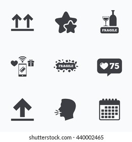 Fragile icons. Delicate package delivery signs. This side up arrows symbol. Flat talking head, calendar icons. Stars, like counter icons. Vector