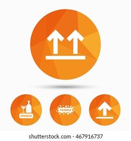 Fragile icons. Delicate package delivery signs. This side up arrows symbol. Triangular low poly buttons with shadow. Vector