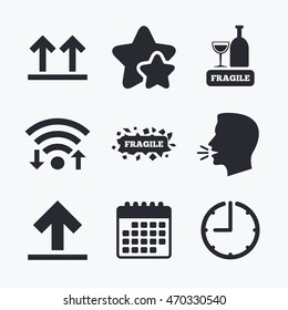 Fragile icons. Delicate package delivery signs. This side up arrows symbol. Wifi internet, favorite stars, calendar and clock. Talking head. Vector