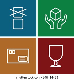 Fragile icons set. set of 4 fragile outline icons such as fragile cargo, handle with care, cargo only in box allowed