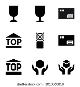 Fragile icons. set of 9 editable filled fragile icons such as parcel, fragile cargo, handle with care, top of cargo box