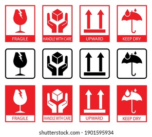 Fragile icons. Set Of Packaging Symbols (this side up, handle with care, fragile, keep dry)