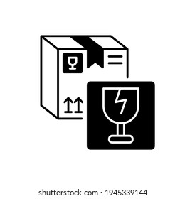 Fragile items black linear icon. Breakable box content. Postal service outline symbol on white space. Parcel with warning sign, careful package transportation. Vector isolated illustration