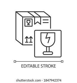 Fragile items linear icon. Breakable box content. Postal service thin line customizable illustration. Parcel with warning sign. Contour symbol. Vector isolated outline drawing. Editable stroke