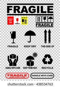 fragile, keep dry, side up, handle with care, keep from head, recycle, sticker