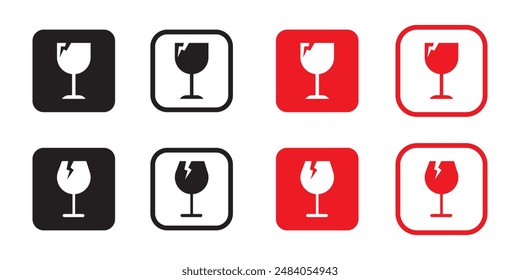 Fragile label vector symbols set. Broken glass black vector icons for packaging, collection for stamp or template, Vector illustration