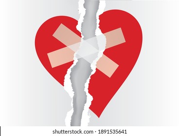 

Fragile love,Red broken heart glued scotch tape.
Illustration of red torn paper haeart. Vector available.