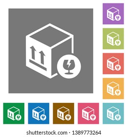 Fragile package flat icons on simple color square backgrounds