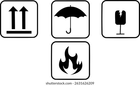 Fragile Package Handling Symbols – Black Vector Icons of Umbrella, Flame, Arrows, Broken Glass for Shipping Safety and Logistics Labels