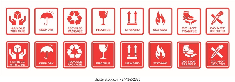 Fragile package icon set. Packaging and warning symbols. Delivery shipping labels flat style. handle with care, Keep away from water, fragile box, Handling, packing, step on, side up symbol vector