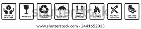 Fragile package icon set. Packaging and warning symbols. Delivery shipping labels flat style. handle with care, Keep away from water, fragile box, Handling, packing, step on, side up symbol vector