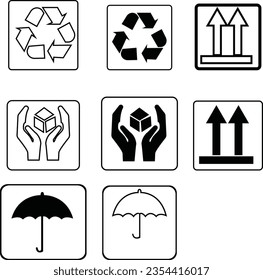 Fragile package icons, handle with care logistics and delivery shipping labels. Fragile box, cargo warning vector signs