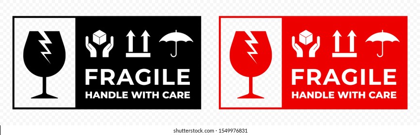 Fragile package icons set, handle with care logistics and delivery shipping labels. Fragile box, keep dry and glass caution warning vector signs