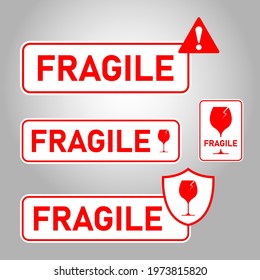 Fragile package icons set, handle with care logistics and delivery shipping labels. Fragile box, keep dry umbrella, cargo warning vector signs
