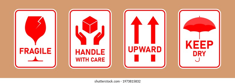 Fragile package icons set, handle with care logistics and delivery shipping labels. Fragile box, keep dry umbrella, cargo warning vector signs