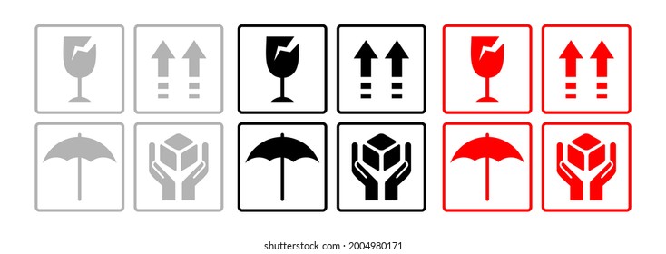 Fragile package icons set, handle with care logistics and delivery shipping labels. Fragile box, keep dry umbrella, cargo warning vector signs