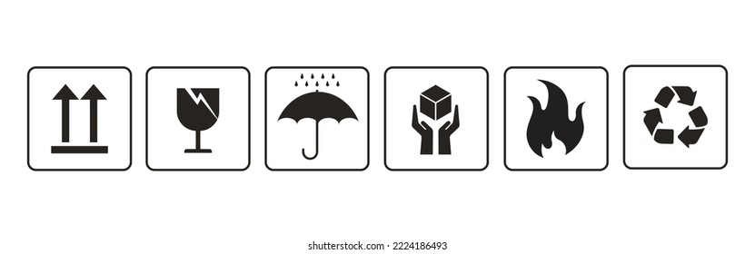 Fragile package icons set, handle with care logistics and delivery shipping labels, fragile box, cargo warning vector signs	