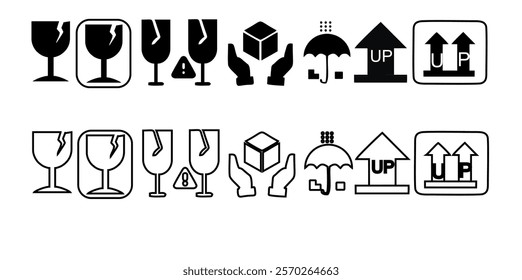 Fragile package icons set, handle with care logistics and delivery shipping labels, fragile box, cargo warning vector signs