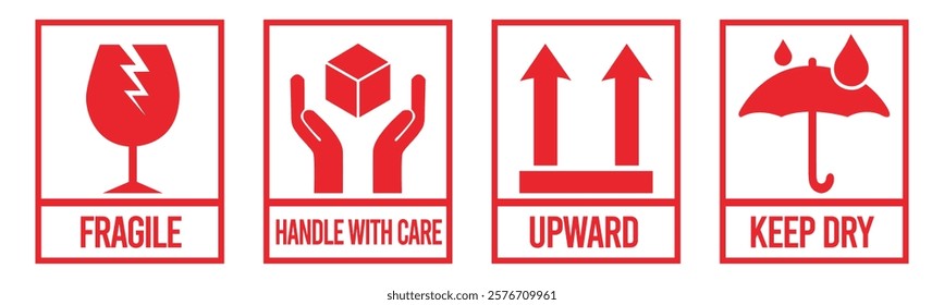 Fragile package icons set, handle with care logistics and delivery shipping labels. Fragile box, keep dry umbrella, cargo warning vector signs