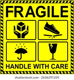 Fragile package icons set, handle with care logistics and delivery shipping labels. Fragile box. Just Print and Use, Vector