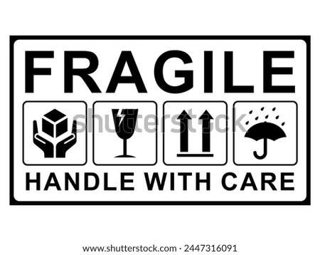 Fragile package icons set, handle with care logistics and delivery shipping labels. Fragile box. Just Print and Use, Vector