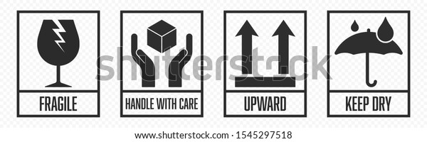 Fragile package icons set, handle with care\
logistics and delivery shipping labels. Fragile box, keep dry\
umbrella, cargo warning vector\
signs