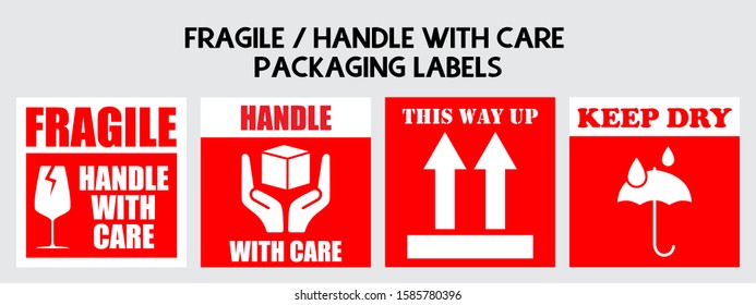 Fragile or Package Label stickers set. (Fragile, Handle with Care, This Way Up, Keep Dry). Red and white in color. Square format. EPS 10 vectors.