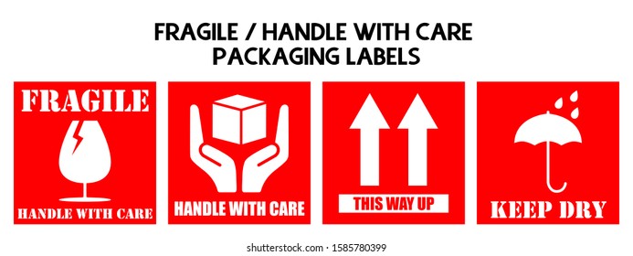 Fragile or Package Label stickers set. (Fragile, Handle with Care, This Way Up, Keep Dry). Red and white in color. Square format. EPS 10 vectors.