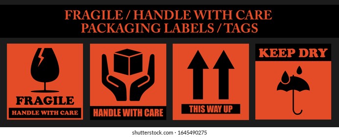 Fragile or Package Label stickers set. (Fragile, Handle with Care, This Way Up, Keep Dry). Orange and black in color. Square format. EPS 10 vectors.