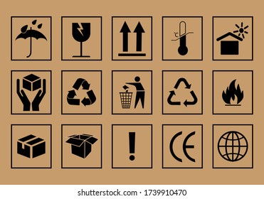 Fragile or Package Label stickers set. Fragile box, cargo warning vector signs, handle with care logistics and delivery labels. Vector illustration