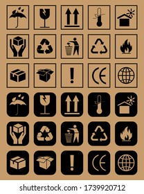 Caja frágil, señales vectoriales de advertencia de carga. Conjunto de frágiles iconos de paquetes, manejados con logística de cuidado y etiquetas de entrega. Ilustración del vector