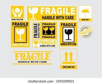 Fragile or Package Label stickers set in black and yellow color. (Fragile, Handle with Care, This Way Up, Keep Dry)