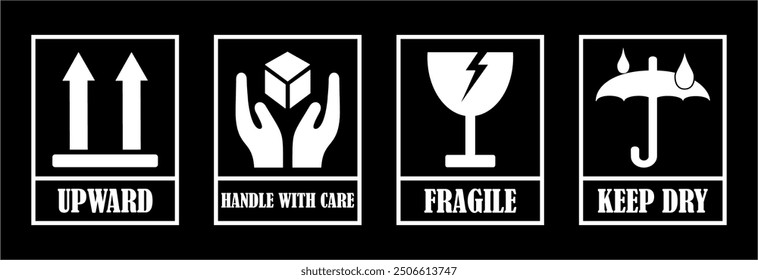 Fragile package labels icons set, handle with care logistics, keep dry, upward, and delivery shipping marks. Fragile box, cargo warning vector signs. Black white background. Vector illustrations  