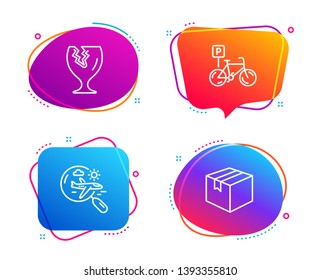 Fragile package, Search flight and Bicycle parking icons simple set. Parcel sign. Safe shipping, Airplane trip, Bike park. Shipping box. Transportation set. Speech bubble fragile package icon. Vector