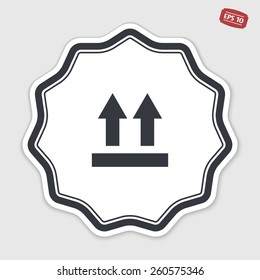 Fragile package symbol. Two directional arrows. Flat design style. Emblem or label with shadow.