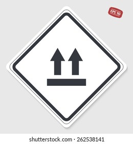 Fragile package symbol. Two directional arrows. Flat design style. Emblem or label with shadow.