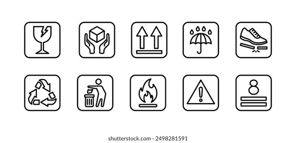 Fragile package thin line icon vector set. Delivery or shipping labels. Containing handle with care, side up, keep dry, step on, throw garbage, flammable, stack max, warning, recyclable, caution