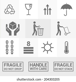 Fragile packaging icons set
