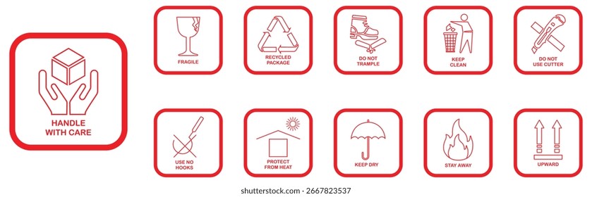 Fragile packaging icons set in red color isolated on white background. Set of packaging symbols. Fragile package icon handle with care logistics.  Fragile, handle with care, keep clean, keep dry
