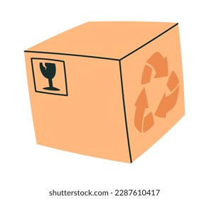 Frágil símbolo de embalaje icono plano Caja de cartón de dibujos animados. Ilustración del vector