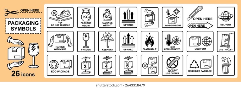 Fragile packaging symbol, handle with care cardboard box package label, cargo logistic shipping, safety parcel delivery. Keep dry, not step, sun or fire protect warning sign. Stack for storage. Vector
