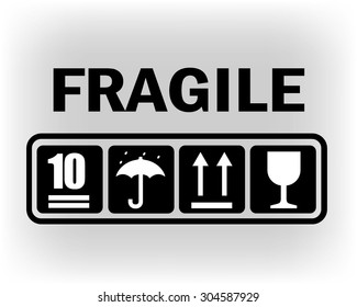 Fragile or packaging symbols. Black fragility signs on white background. Vector illustration.